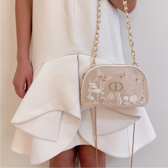 DIOR Elegant Cream gold Shoulder Bag floral pearls chain clutch purse - Picture 1 of 9